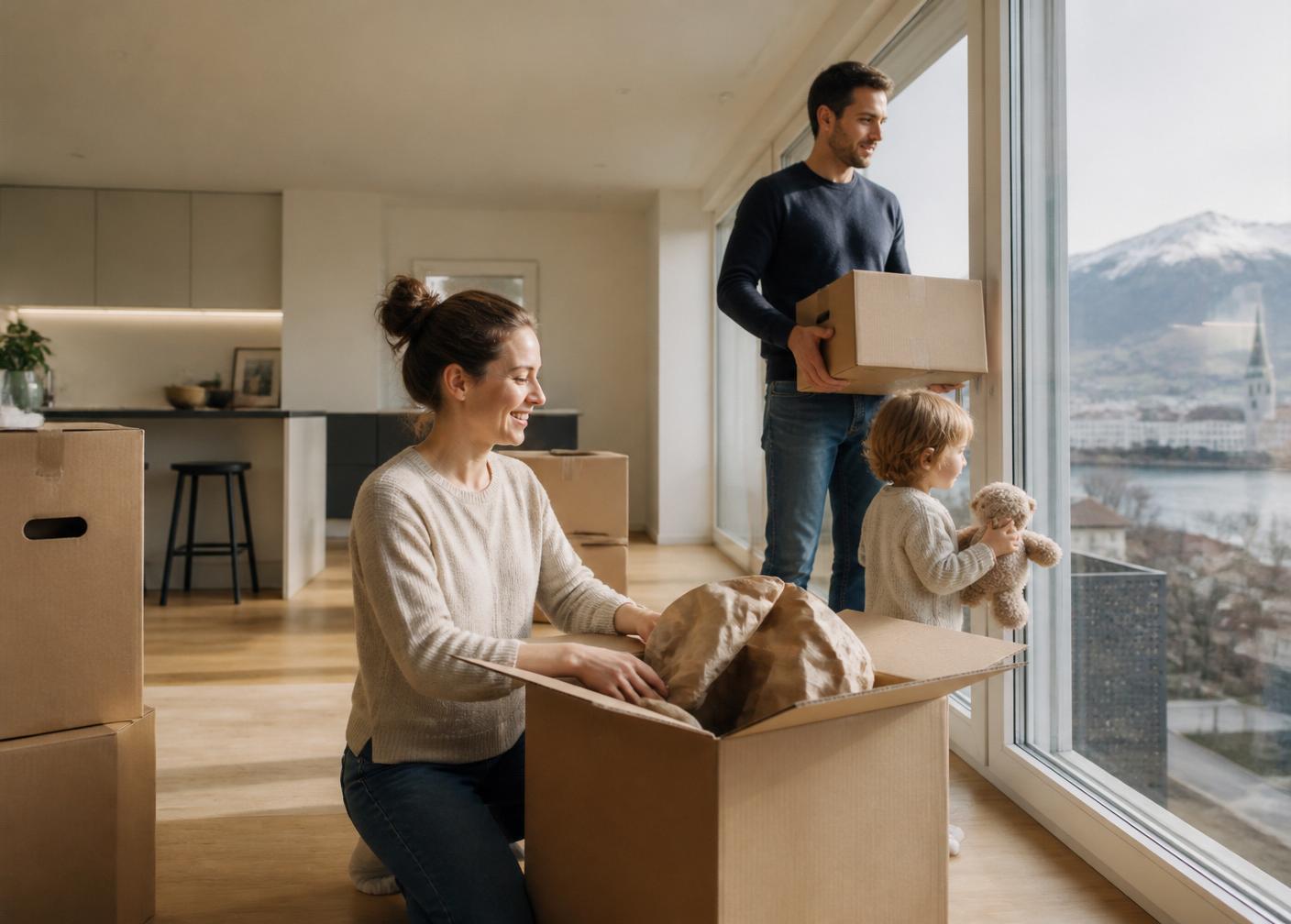 Expat family unpacking in a Swiss apartment